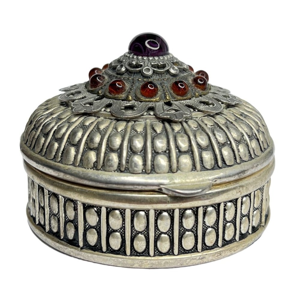 Vintage Anne Cichon Dallas Silver Amber Stones Trinket Jewelry Hinged Box
